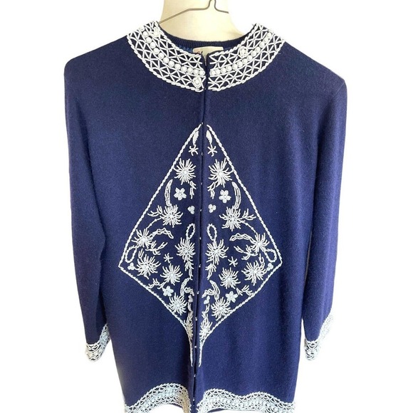 Vtg Elsie Tu Hong Kong 50s 60s Navy Blue Wool Beaded Cardigan Sweater Sz 38 - Picture 2 of 13
